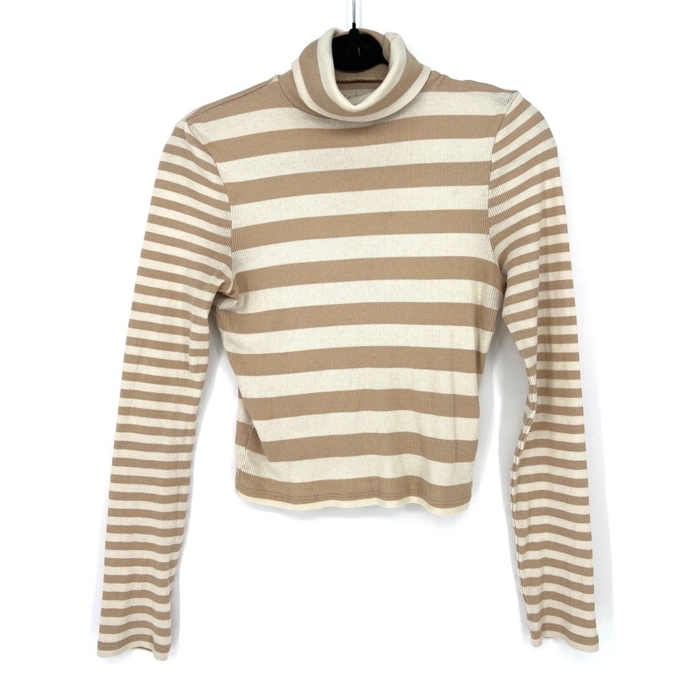 Madewell Striped Turtleneck Top Tan Cream‎ Ribbed Long Sleeve Meduim Casual EUC
